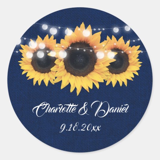 Sticker Rond Navy Blue Burlap String Lights Sunflower Wedding (Devant)