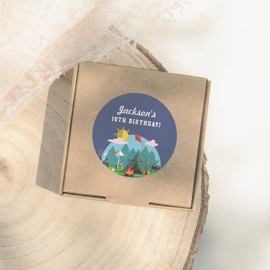 Sticker Rond Navy Blue Camping Birthday Party