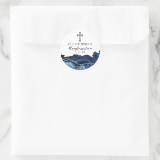 Sticker Rond Navy Blue Gold Christian Cross Confirmation Party (Sac)