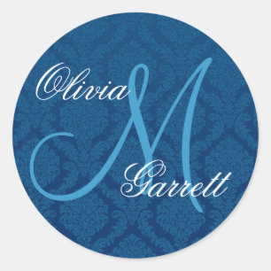 Sticker Rond NAVY BLUE Mariage damassé Personnalisé Monogramme