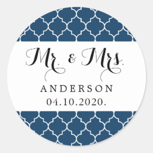 Sticker Rond Navy Blue Marocain Trellis, Quatrefoil, Mariage