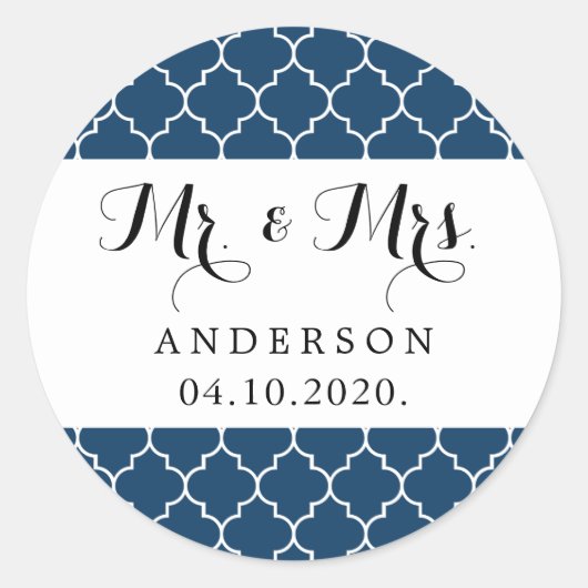 Sticker Rond Navy Blue Marocain Trellis, Quatrefoil, Mariage (Devant)