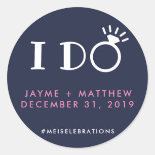 Sticker Rond Navy Blue Pink I Do Mariage Couple Hashtag Round