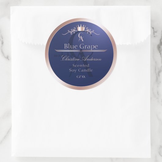 Sticker Rond Navy Blue Product Label Rose Gold Frame Monogram (Sac)