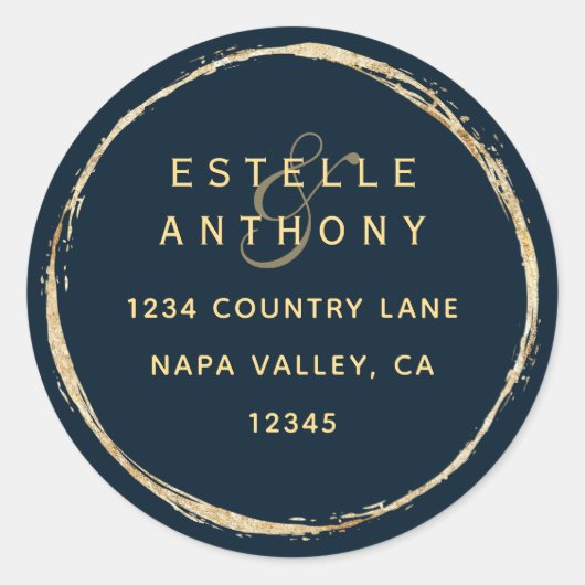 Sticker Rond Navy Blue Rustic Gold Ampersand Adresse de retour (Devant)