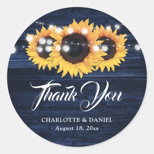 Sticker Rond Navy Blue Rustic Sunflower Wedding Thank You (Devant)