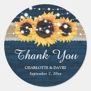 Sticker Rond Navy Blue Rustic Wood Burlap Lace Sunflower