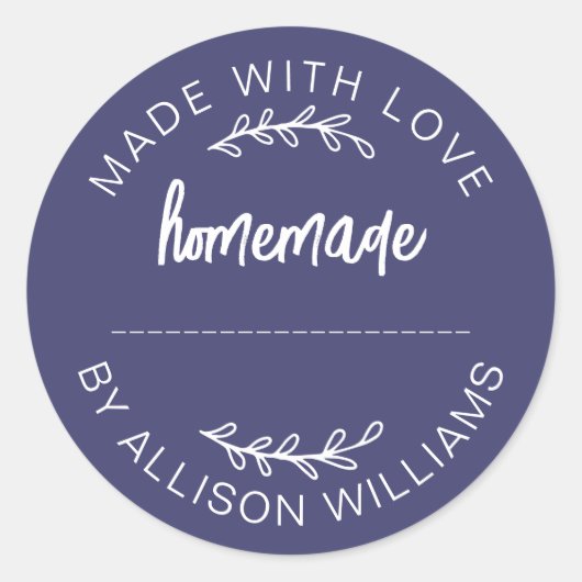 Sticker Rond Navy Blue Script Made With Love Homemade Food Jar (Devant)