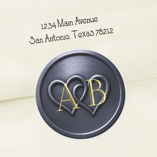 Sticker Rond Navy Blue Two Hearts Intertwined Monogram Wedding