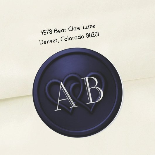 Sticker Rond Navy Blue Two Hearts Silver Monogram Wedding 2