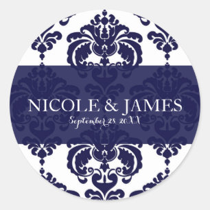 Sticker Rond Navy Blue White Damask Vintage Wedding Event Favor