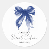Sticker Rond Navy Bow Coquette Script Sweet 16 Party (Devant)