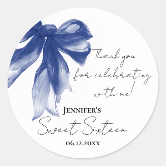 Sticker Rond Navy Bow Coquette Script Sweet 16 Thank You  (Devant)