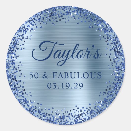 Sticker Rond Navy Glitter Light Blue Foil 50 & Fabulous (Devant)