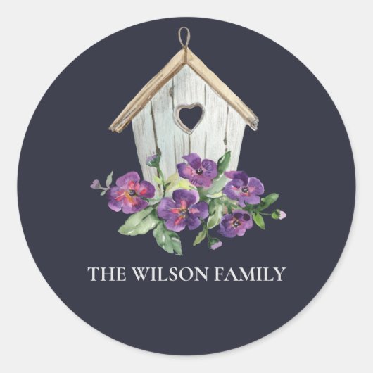 STICKER ROND NAVY RUSTIC COUNTRY VIOLET FLORAL BIRD HOUSE (Devant)