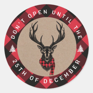 Sticker Rond Ne pas ouvrir jusqu'à Noël Red Plaid Reindee