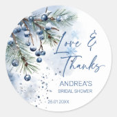 Sticker Rond Neige en amour, faveurs de douche nuptiale d'hiver (Devant)