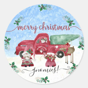 Sticker Rond Neige Joyeux Noël Gnome Arbre ferme aquarelle