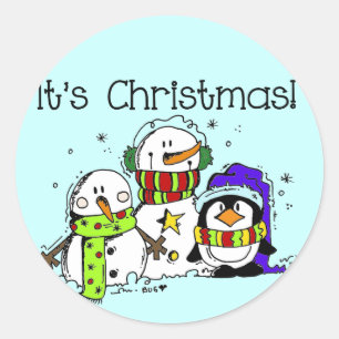 Sticker Rond Neiges et pingouins C'est Noël