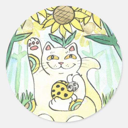 Sticker Rond Neko Chat avec The Lucky Ladybug : Mme Sunflower (Devant)