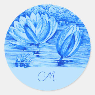 Sticker Rond nénuphars vintages - bleu monogrammé