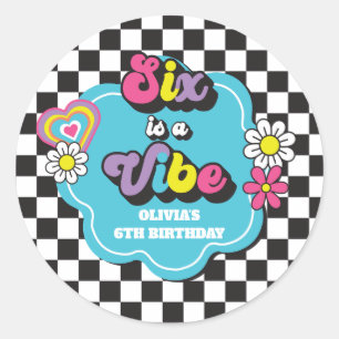 Sticker Rond Neon 90s Rétro Six est une ambiance 6ème Anniversa