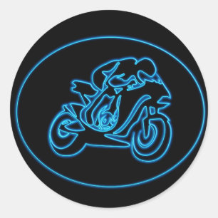 Sticker Rond Neon Blue Racing Motorcycle Silhouette