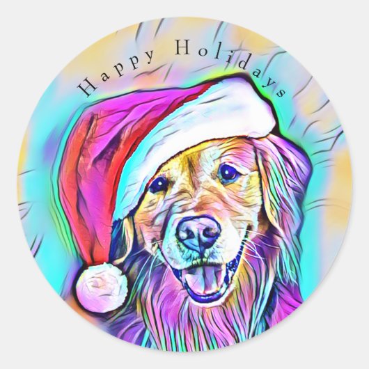 Sticker Rond Neon Bright Colonnes Noël Golden Retriever Art (Devant)