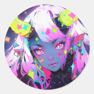 Sticker Rond Neon Colorful Kawaii Demon Anime Girl
