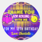 Sticker Rond Neon Glow Purple Bowling Anniversaire Merci de fêt (Devant)