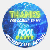Sticker Rond Neon Glower Boys Pool Party Blue Green Merci (Devant)