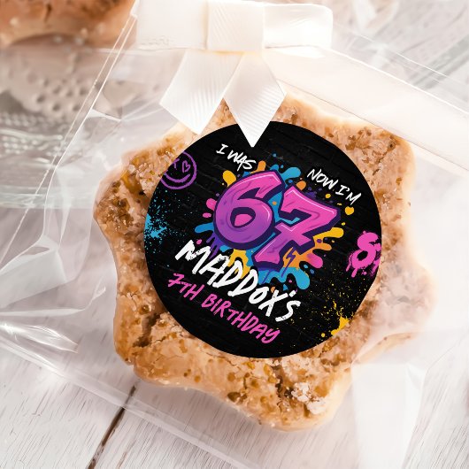 Sticker Rond Neon Graffiti Six Seven Kids 7th Birthday Party