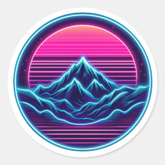 Sticker Rond Neon Mountain Circle Design - Retro Outdoor Aesthe