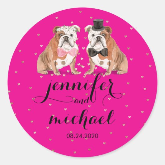 Sticker Rond Neon Pink English Bulldog mariage (Devant)