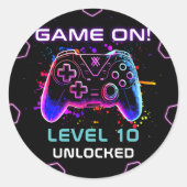 Sticker Rond Neon Video Game Level Up Anniversaire (Devant)
