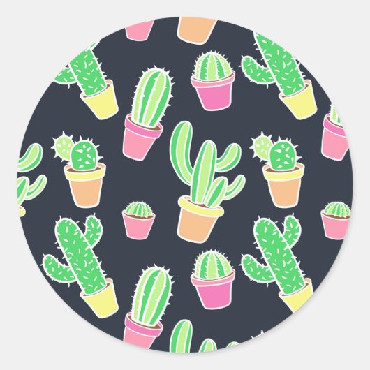 Sticker Rond Neon Watercolor Cacti in Pot Pattern (Devant)