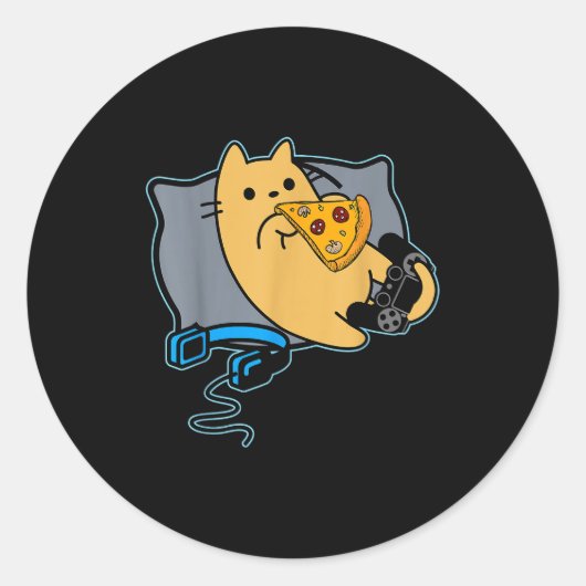 Sticker Rond Nerdy Zza Eating Gamer Cat Game Paused (Devant)
