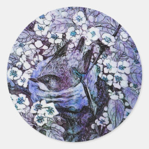 STICKER ROND NEST D'OISEAU, ARBRE AVEC FLEURS DE PRINTEMPS BLAN