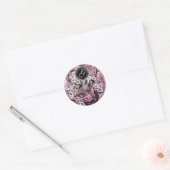 STICKER ROND NEST OISEAU, ARBRE AVEC FLEURS ROSES BLANCHES MONO (Enveloppe)