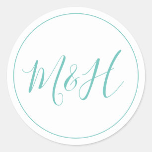 Sticker Rond Nettoyer Élégant Monogramme Mariage Turquoise