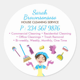 Sticker Rond Nettoyeur de bureau bleu femme de ménage nettoyage
