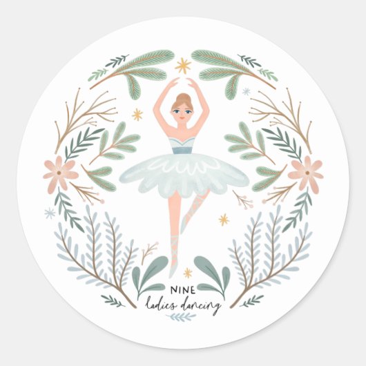 Sticker Rond Neuf Dames Danser 12 Jours de Noël Mignonne Folk (Devant)