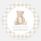 Sticker Rond Neutral Gingham Teddy Bear Baby Shower (Devant)