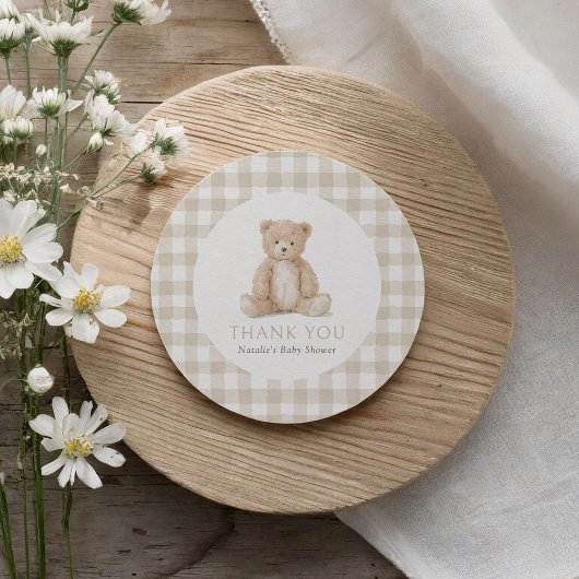 Sticker Rond Neutral Gingham Teddy Bear Baby Shower