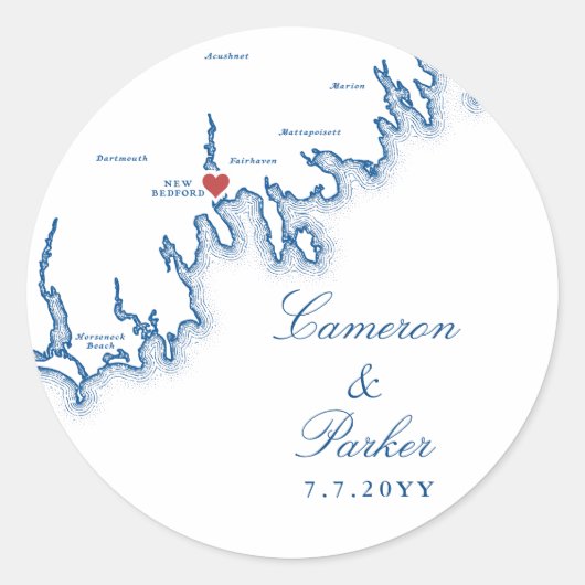 Sticker Rond New Bedford MA Wedding Elegant Navy Blue Map (Devant)