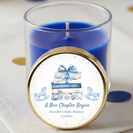 Sticker Rond new chapter begins,blue bow books baby shower chic