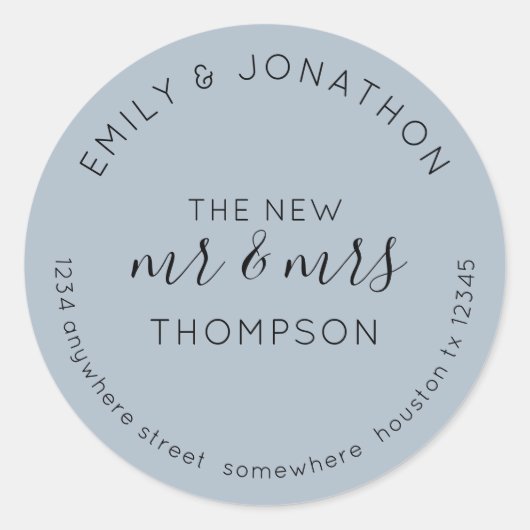 Sticker Rond Newlyweds Nom du retour Adresse Dusty Blue (Devant)