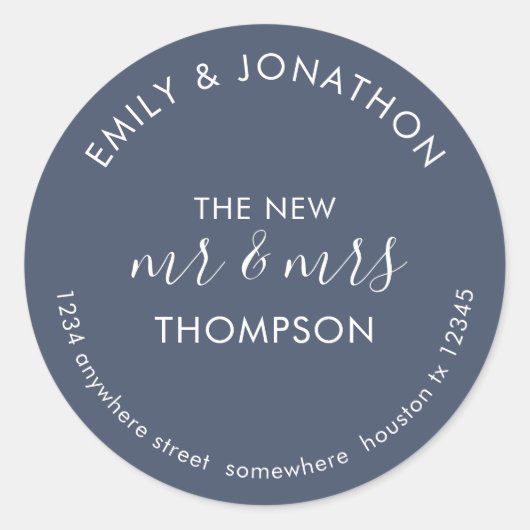 Sticker Rond Newlywees Nom du retour Adresse Dusty Navy Blue (Devant)