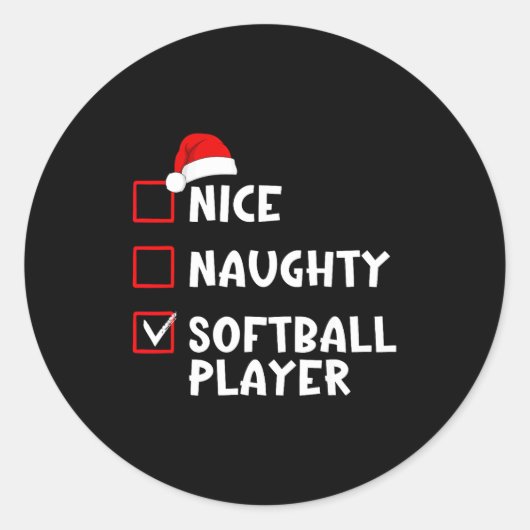 Sticker Rond Nice Naughty Softball Player Funny Christmas List (Devant)
