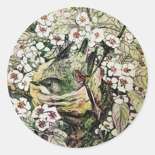 Sticker Rond NID OISEAU, blanc brun jaune vert (Devant)